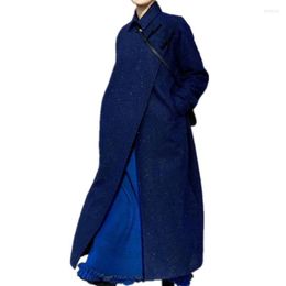 Women's Wool X-long Blue Winter Blends Overcoat Women Vintage Button Lapel Slim Woolen Outwear