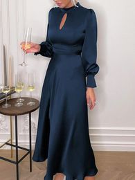 Casual Dresses Lantern Sleeve Front Cut Out Sexy Party Satin Dark Blue Elegant Robe Vestido Side Slit Standcollar Long Winter Dress