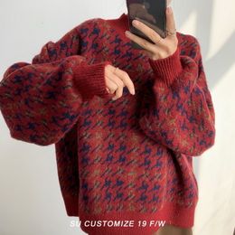 Women's Sweaters ZOKI Houndstooth Women Pullover Sweater Loose Knitted Vintage Casual O Neck Jumper Winter Red Warm Female Plaid Sweater 230303
