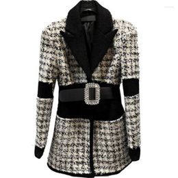 Women's Suits 2023 Spring Little Fragrant Houndstooth Tweed Blazer Women Rhinestone Belt Weave Ol Outwear