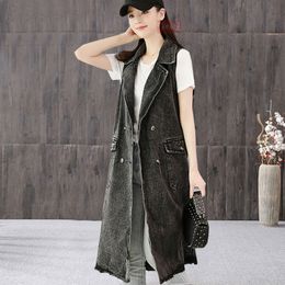 Women s Jackets Large pockets suit collar long denim plus size Vest Women black fashionable sleeveless jacket Female 230302