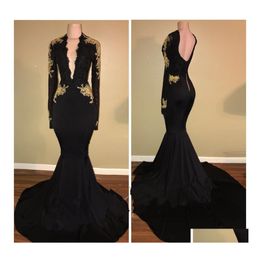 car dvr Prom Dresses Black Deep V Neck Long Sleeves Lace Applique Beaded Low Back Sweep Train Evening Gowns Formal Party Drop Delivery Weddi Dh3Ij