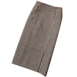 Skirts Women Plaid Woolen High Waist Houndstooth Wool Pencil Skirt Work OL Step Split