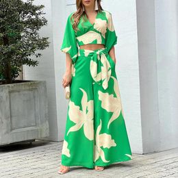 Women's Two Piece Pants Autumn Spring Fashion Sets Women Floral Print Crop Top And Wide Leg Set Outfits Blouses Tracksuits