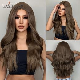 Synthetic Wigs Easihair Long Wavy Brown Lace Front Synthetic Wigs High Density Frontal Wig for Africa American Women Cosplay Natural 230227