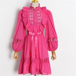 Casual Dresses Lace Hollow Ruffled Court Style Long Sleeves Dress Women's Party Swing