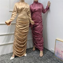 Ethnic Clothing Fashion Malaysia Elegant Satin Body-con Pleated Long Maxi Slim Muslim Dress For Women