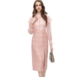 Women's Runway Dresses Stand Collar Long Sleeves Ruffles Patchwork High Street Fashion Designer Vestidos