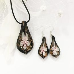 Necklace Earrings Set 1 Handmade Murano Glass Pink Flower Jinsha Waterdrop Pendant Earring Ethnic Style Clavicle Chain Jewellery