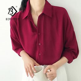 Women's Blouses Shirts Arrival Women Solid Turn-down Collar Chiffon Blouse Oversize Button Up Wine Red Shirt Korea Style Feminina Blusa T9O905F 230303