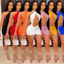 Casual Dresses 2023 Spring Women Sexy Cut Out Mini Dress Halter Drawstring Deep Hollow Sleeveless Bodycon Party Club Outfit Female