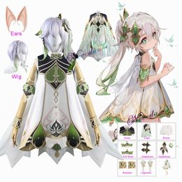 Anime Costumes Genshin Impact Nahida Cosplay Come Kids Women Lesser Lord Kusanali Full Set Maid Dress Shoes Styled Wig Ears Role Play Outfit Z0301