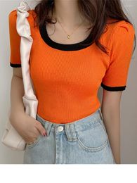 Women's T Shirts Knitted Tops For Women Orange Slim Short Tshirt Patchwork Putff Sleeve Square Neck Thin T-shirt Female All Match Tee Shirt