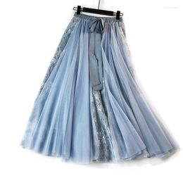 Skirts Temperament Tutu Skirt Women Elastic Waist Bow Sashes Mesh Lace Long Gauze Ball Gown