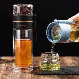 Water Bottles 350ml 400ml Glass Tea Infuser Bottle Separation Mug Double Layer Portable Creative Cup Home bottle 230302
