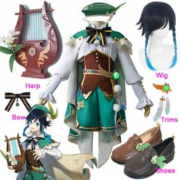 Anime Costumes Genshin Impact Cosplay Venti Come Halloween Anime Game Genshin Impact Venti Cosplay Wig Shoes Harp Prop Outfit Z0301