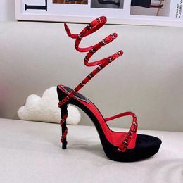 23S women stiletto heel sandals platform sandals Fashion luxury designer dress shoes satin snake shaped coiled rhinestone party wedding shoe