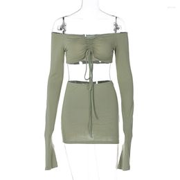Work Dresses 2023 Slash Neck Long Sleeves Shirring Bandage Crop Top Skirts 2 Piece Sets Fall Winter Rave Vacation Party Y2K Outfit