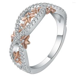 Wedding Rings Exquisite Rose Gold Small Flower Ring Femme White Filled Bijoux Cubic Zirconia Cross Design Party Cocktail Women Anel