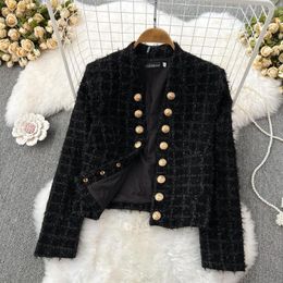 Women's Jackets Fringed Tassels Double Breasted Black Tweed For Women Short Coats Suit Office Lady