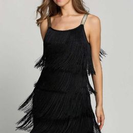 Casual Dresses Tassel Dress Women Sexy Summer Flapper Beach Dress Strap Low Cut Black Silver White Short Fringe Party Dresses A005 Z0216