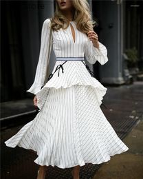 Casual Dresses Women Elegant White Striped Midi Dress Hollow Detail Flare Sleeve Slim Fit A-Line