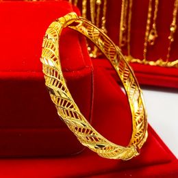 8mm Hollow Women Bangle Bracelet Elegant Wedding Traditional Jewelry 18k Yellow Gold Filled Classic Fashion Accessories