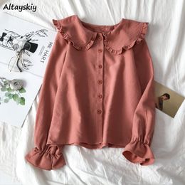 Women's Blouses Shirts Shirts Womens Solid Peter Pan Collar Kawaii Sweet Girls Kroean Style Flare Sleeve Simple Femme Blouses Daily Leisure High Street 230303