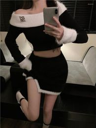 Work Dresses Winter Sexy Wool Vintage Two Piece Set Women Korean Fashion Warm Y2K Party Female Off Shoulder Slim Mini Skirt Suit 2023