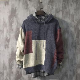 Men's Vests Mens Fashion Spliced Colour Knit Hoodies Sweaters Male Loose Pullover Warm Long Sleeve Autumn Winter