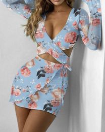 Work Dresses Vintage Floral Suits Office Lady Two Pieces Set Women Elegant Long Sleeve Cross Tied Crop Tops Wrapped Skirts Dress Sets