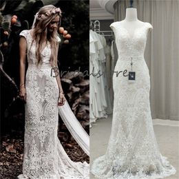 Chic Lace Boho Wedding Dress 2023 Elegant Mermaid Country Cap Sleeve Wedding Dresses For Bride Bohemian V Neck Princess Bridal Gowns Garden Vestido De Noivas