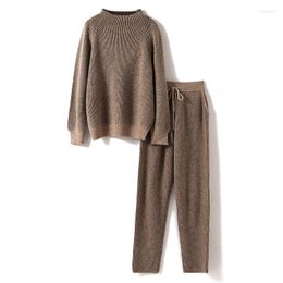 Women's Two Piece Pants Set Women's Pure Wool Pullover Sweater Loose Long-sleeved Knitting Long Versatile Leggings Cashmere Two-piecset