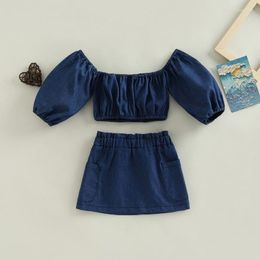 Clothing Sets Toddler Girl Summer Clothes Skirt Set 2023 Puff Long Sleeve Off Shoulder Crop Tops Denim Short 1 To 6 Years