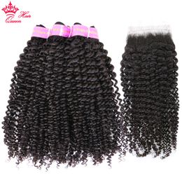 100% Brazilian Virgin Human Raw Hair Bundles With Closure Kinky Curly Natural Colour 1B Bundles With Lace Closure Free Shipping