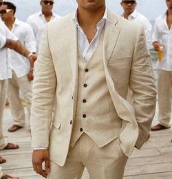 Men's Suits Blazers ANNIEBRITNEY Summer Beige Linen Groom Wedding Suits Custom Beach Tuxedos Men Suits Slim Casual Blazer with Pants Set 230303