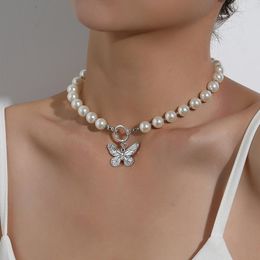 Choker Antique Pearl Chain Necklace With Butterfly Pendant Silvery Neck Jewelry For Women Party Gift Girl