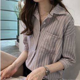 Women's Blouses Shirts Summer Womens Blouse Shirt Stripe 3/4 sleeve Plus size Womens Blouses Shirts Loose striped Camisa mujer White/Pink/Gray 230303