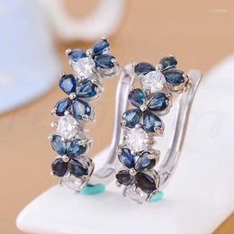 Hoop Earrings Natural Sapphire Earring 0.35ct 22pcs Gemstone 925 Sterling Silver Flower Style #B19022001T