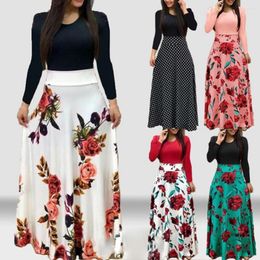 Casual Dresses Summer Dress Flower Dot Print Color Matching Long Sleeve High Waist Women Maxi Robe Femme Women's Clothing 2023