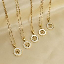 Choker Women Plated Hollow 26 Letters Pendant Necklace Stainless Steel Small Round Coin Initial Shell Necklaces Fashion Jewellery