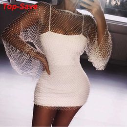 Casual Dresses Wholesale Shiny Rhinestones Sequin Fishnet Women Mini Dress Sexy Long Sleeve Mesh Hollow Out Transparent Party Clubwear Dresses Z0216