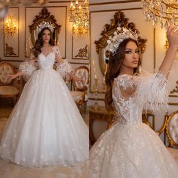 Glamorous Ball Gown Wedding Dresses Sweetheart Three Quarter Sleeves Lace Applicant Feathers Court Gown Sequins Custom Made Bridal Gown Vestidos De Novia