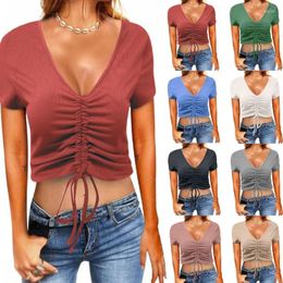 Women's T Shirts Women Summer Short Sleeve Sexy V-Neck T-Shirt Ribbed Knitted Solid Colour Ruched Drawstring Front Slim Fit Crop Tee Top