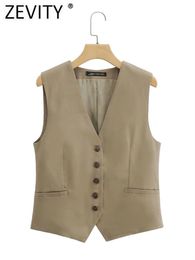 Women s Jackets Zevity Women Fashion V Neck Sleeveless Single Breasted Linen Vest Jacket Office Ladies Casual Slim WaistCoat Tops CT1642 230302