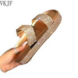 Slippers Silver Gold Glitter Slippers Women Summer Sequined Flip Flops Crystal Band Platform Sandalias Mujer Beach Slipper L230215