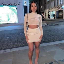 Work Dresses Bangniweigou Marble Patchwork Crop Top Mini Skirt Two Piece Set For Women Long Sleeve Shirt Slim See Through Mesh Outfits