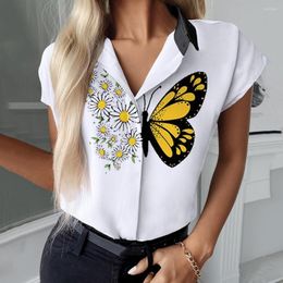 Women's T Shirts Summer Shirt Elegant Womens Short Sleeve Blouses Vintage Floral Printed Blouse Casual Ladies Turn-down Collar Cardigan Top