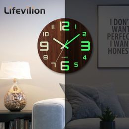 Wall Clocks 12 Inch Wall Clock Luminous Wood Night Glow Visible Nordic Silent Clock Decoration with Night Light for Bedroom Living Room Home 230303