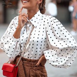 Women's Blouses Shirts Spring Cardigan Women Shirts White Black Polka Dot Blouse Women Tops Plus Size Lantern Sleeve Fashion Ladies Clothing 230303